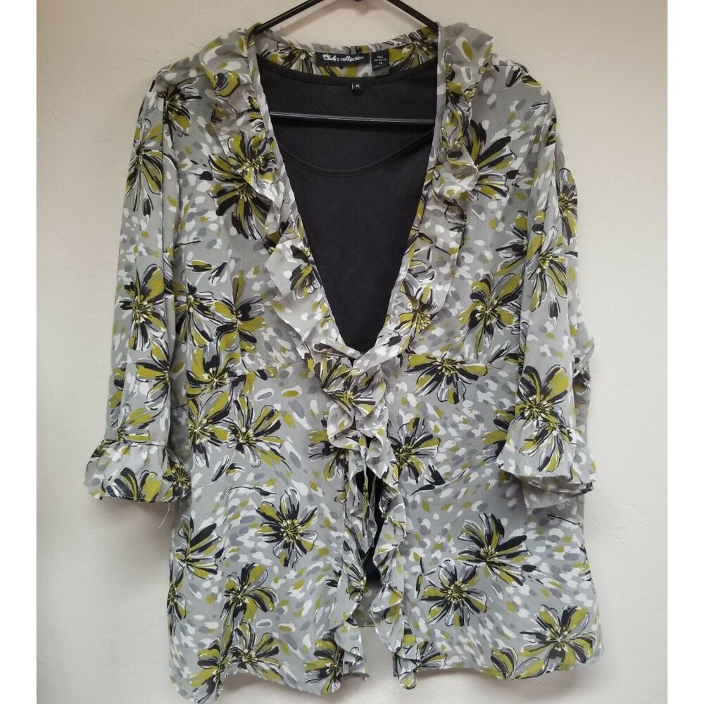 Club Z Collection Women's Plus 1X Floral Ruffle Two-Fer Top Blouse 3/4 Sleeve